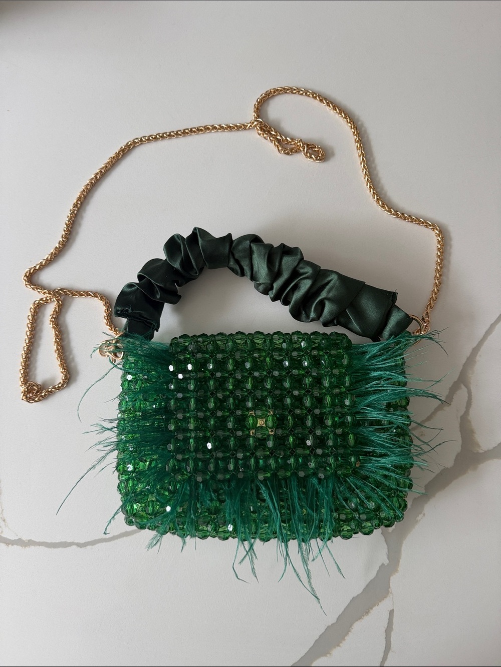 Green Beaded Feather Crossbody Bag with Gold Chain